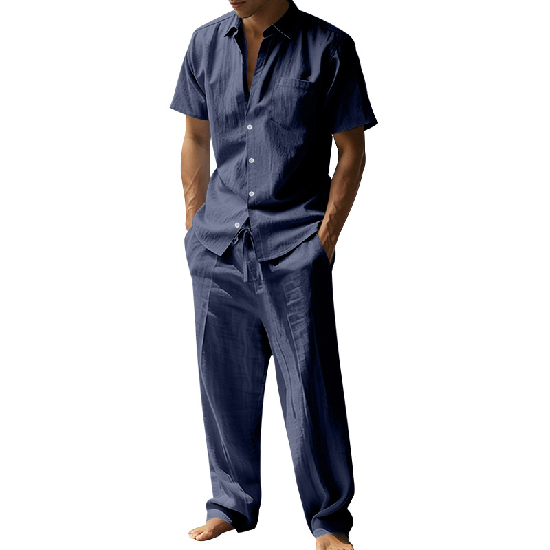 Short Linen Drawstring - Summer linen lapel short-sleeved shirt set