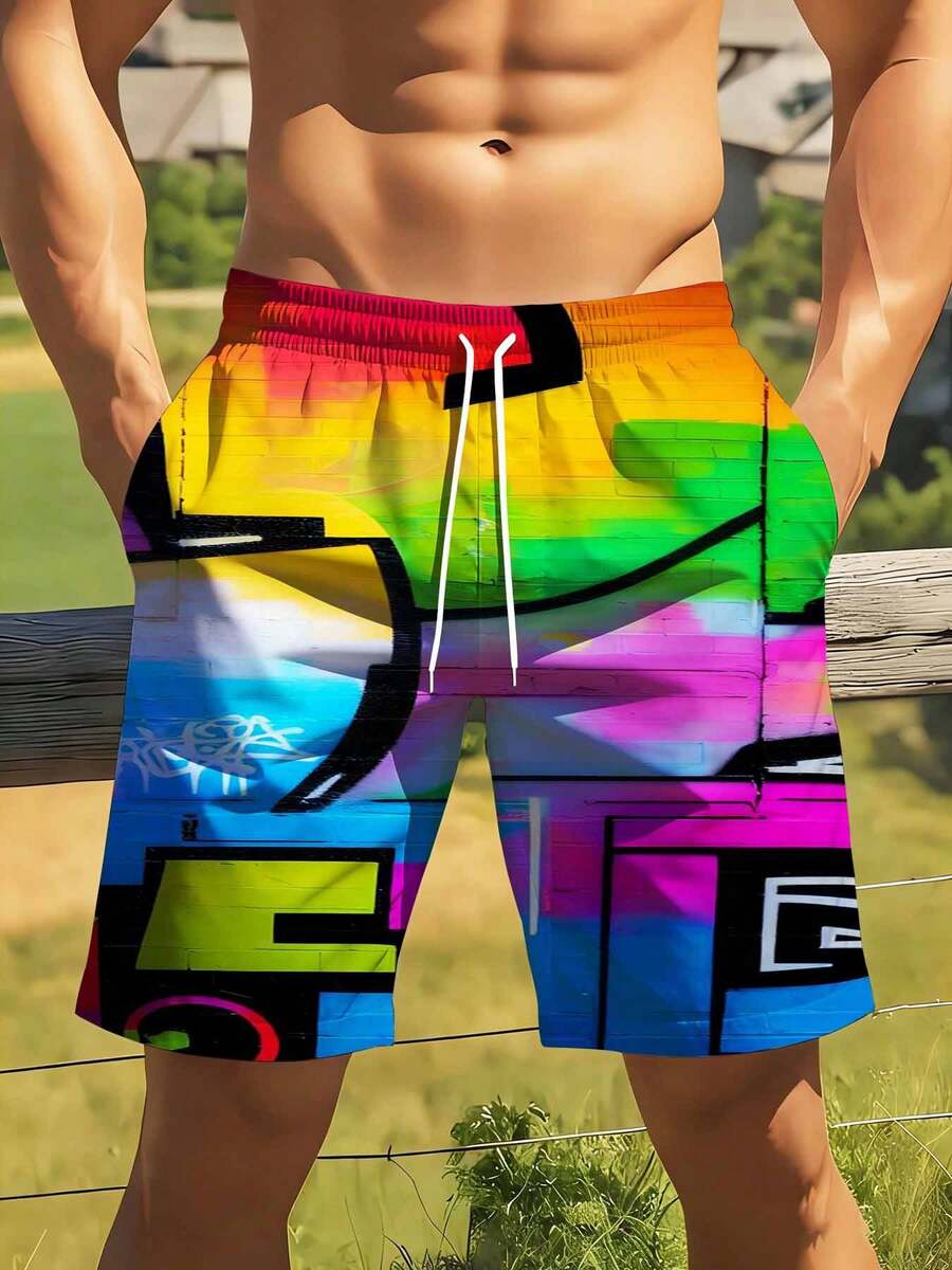 Mens Rainbow Graffiti Print Sw - Swim Trunk Quick Dry บทวิจารณ์และราคา