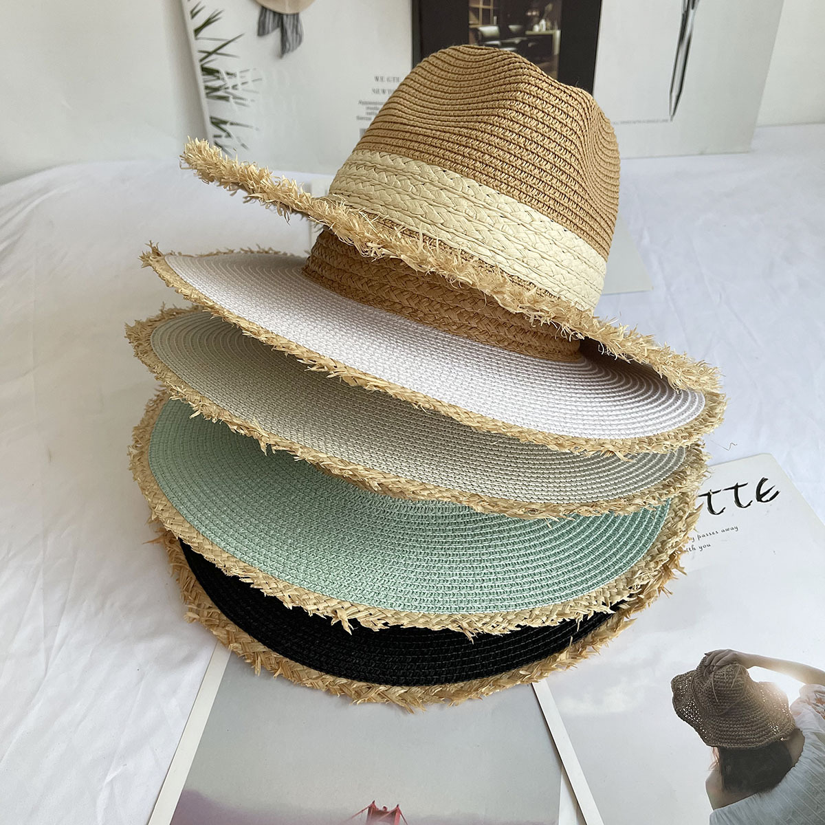 Fringed Brim Panama Hat Wide B - Bucket Hat Straw บทวิจารณ์และราคา