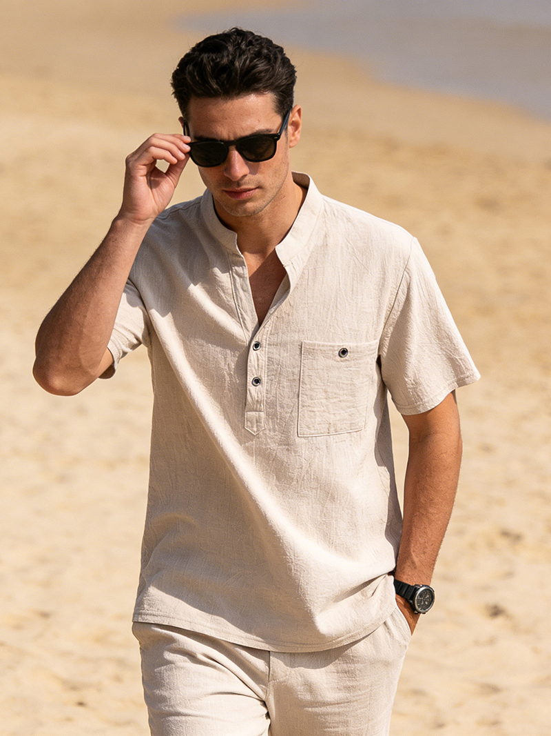 Men's Cotton Linen Henley Shir - Linen Shirt Breathable บทวิจารณ์และราคา