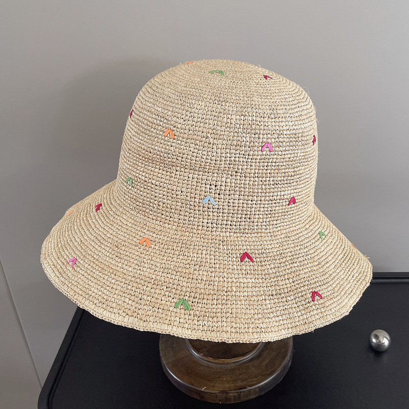 Women Embroidery Heart Raffia  - Bucket Hat Straw บทวิจารณ์และราคา