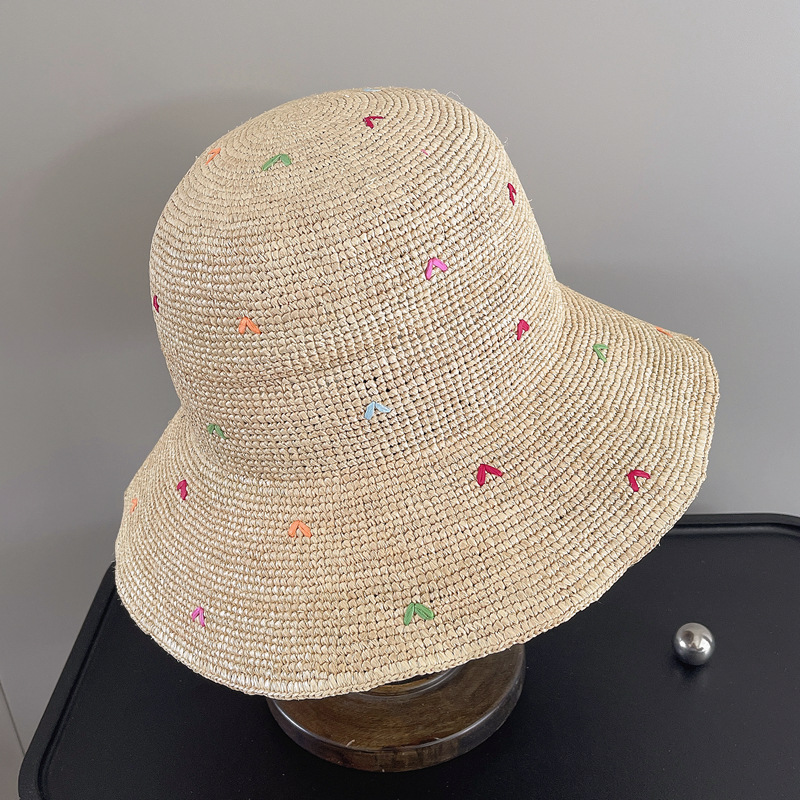 Women Embroidery Heart Raffia  - Bucket Hat Straw บทวิจารณ์และราคา