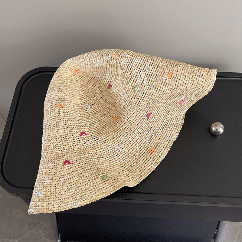 Women Embroidery Heart Raffia  - Bucket Hat Straw บทวิจารณ์และราคา