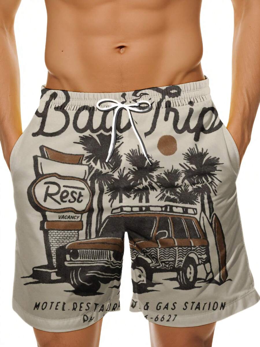 Mens Beach Trip Print Board Sh - Swim Trunk Quick Dry บทวิจารณ์และราคา