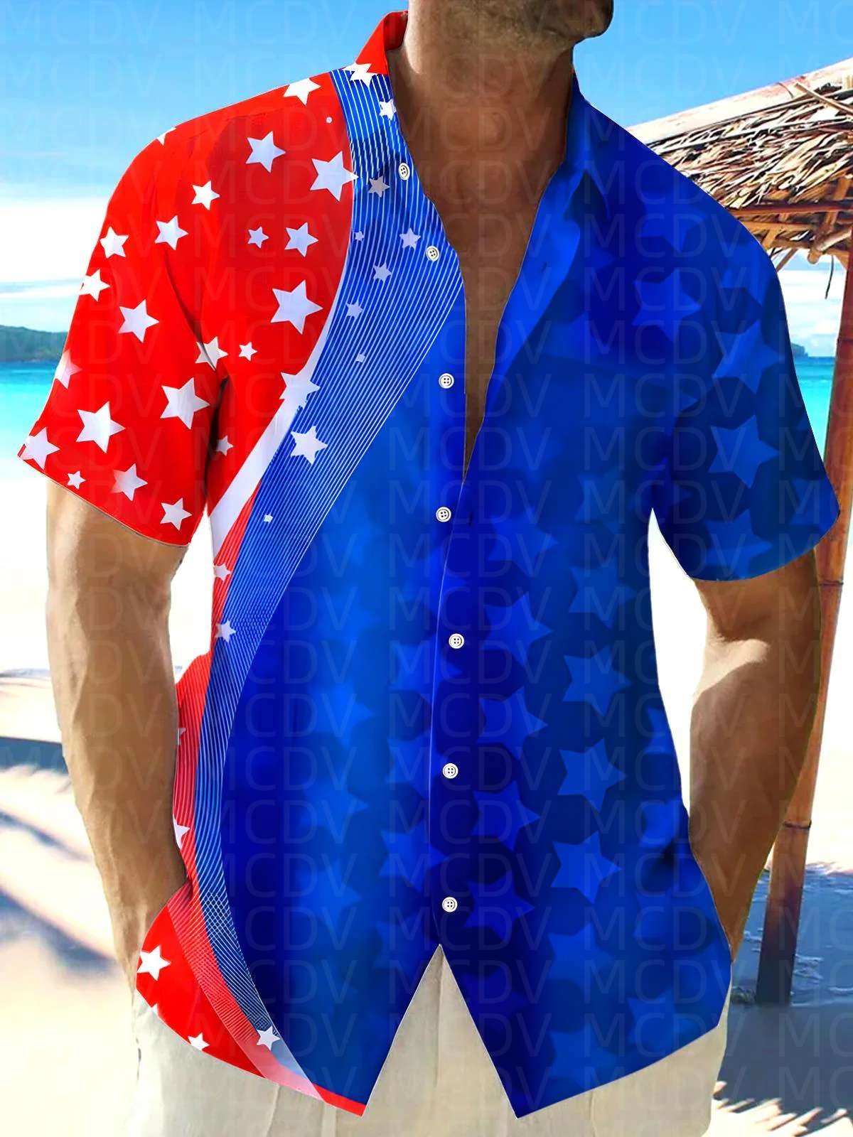 Star Pattern Style Men's Hawai - Shirt Camp Collar บทวิจารณ์และราคา