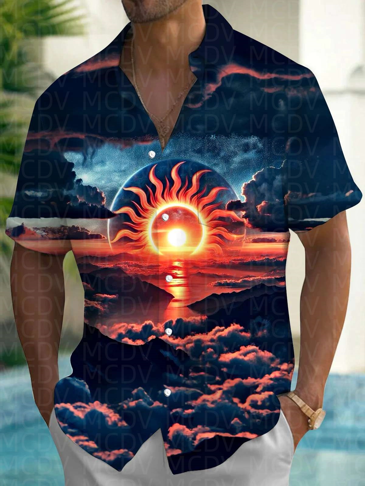 Sun Pattern Style Men's Hawaii - Shirt Camp Collar บทวิจารณ์และราคา