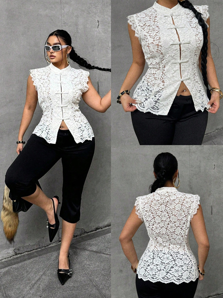 Plus Size Elegant Lace Blouse, - Shirt Camp Collar บทวิจารณ์และราคา