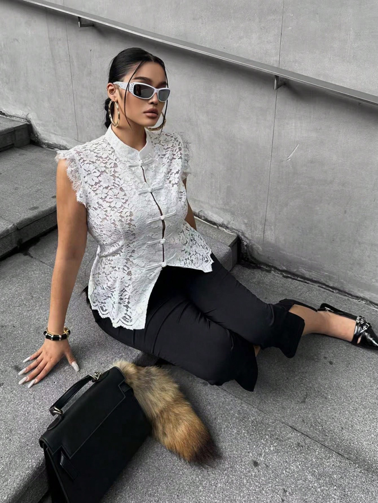 Plus Size Elegant Lace Blouse, - Shirt Camp Collar บทวิจารณ์และราคา