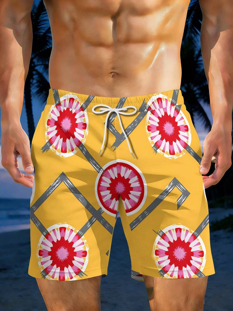 Mens Geometric Floral Print Be - Swim Trunk Quick Dry บทวิจารณ์และราคา