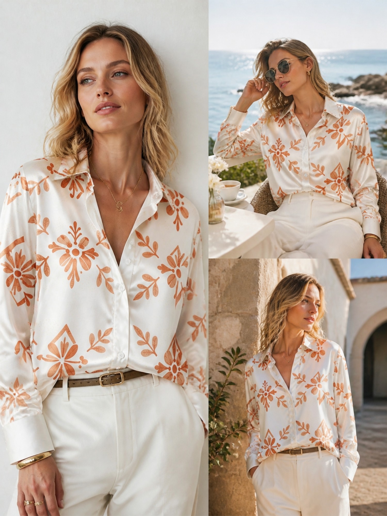 Cream Orange Floral Satin Blou - Resort Shirt Floral บทวิจารณ์และราคา