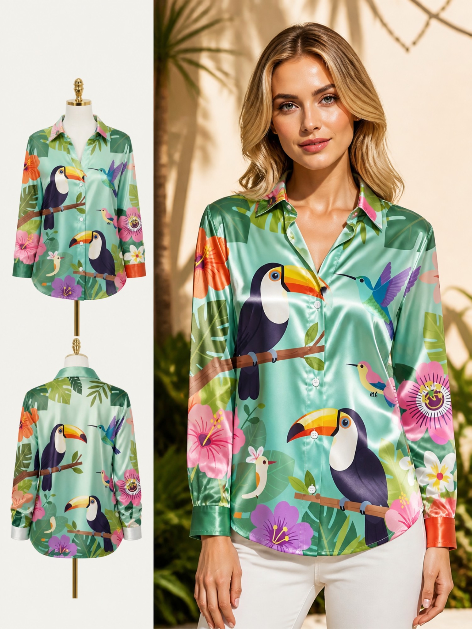 Mint Toucan Satin Button Shirt - Resort Shirt Floral บทวิจารณ์และราคา
