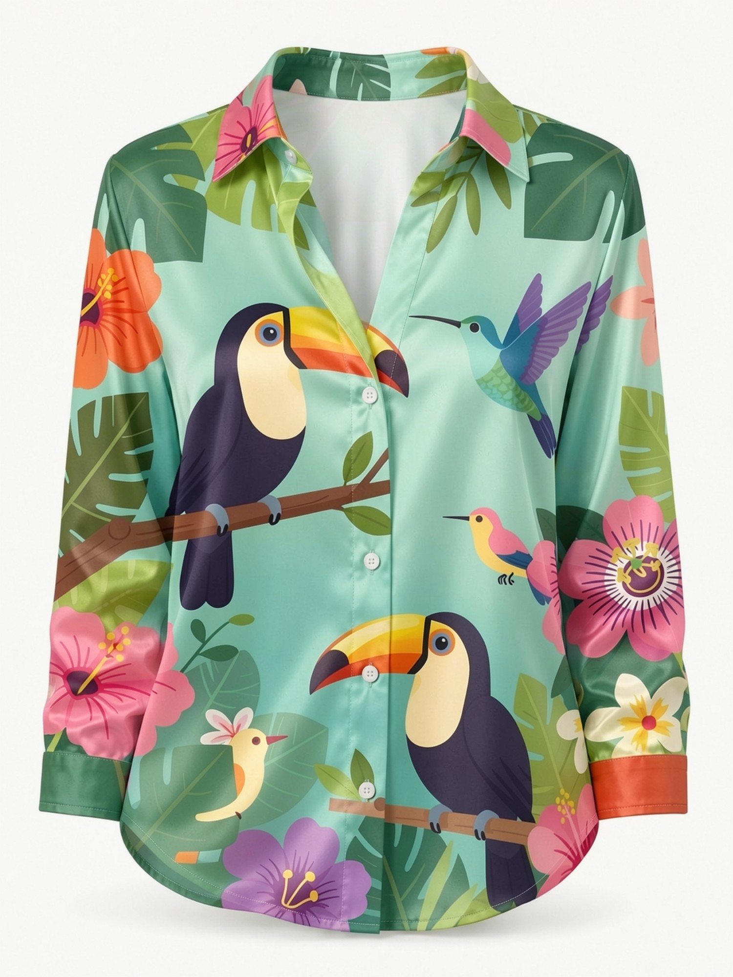 Mint Toucan Satin Button Shirt - Resort Shirt Floral บทวิจารณ์และราคา