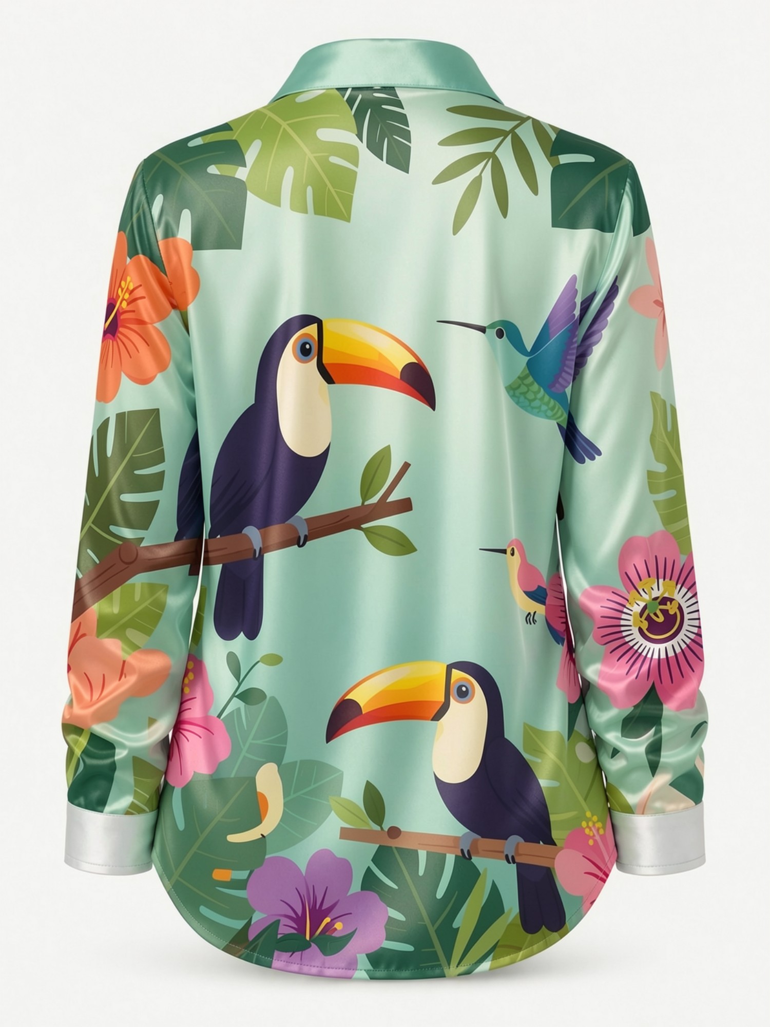 Mint Toucan Satin Button Shirt - Resort Shirt Floral บทวิจารณ์และราคา