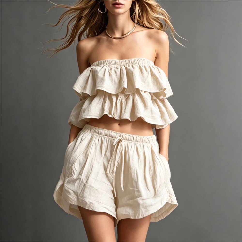 Ruffled Chest-wrapped Short To - Short Linen Drawstring บทวิจารณ์และราคา