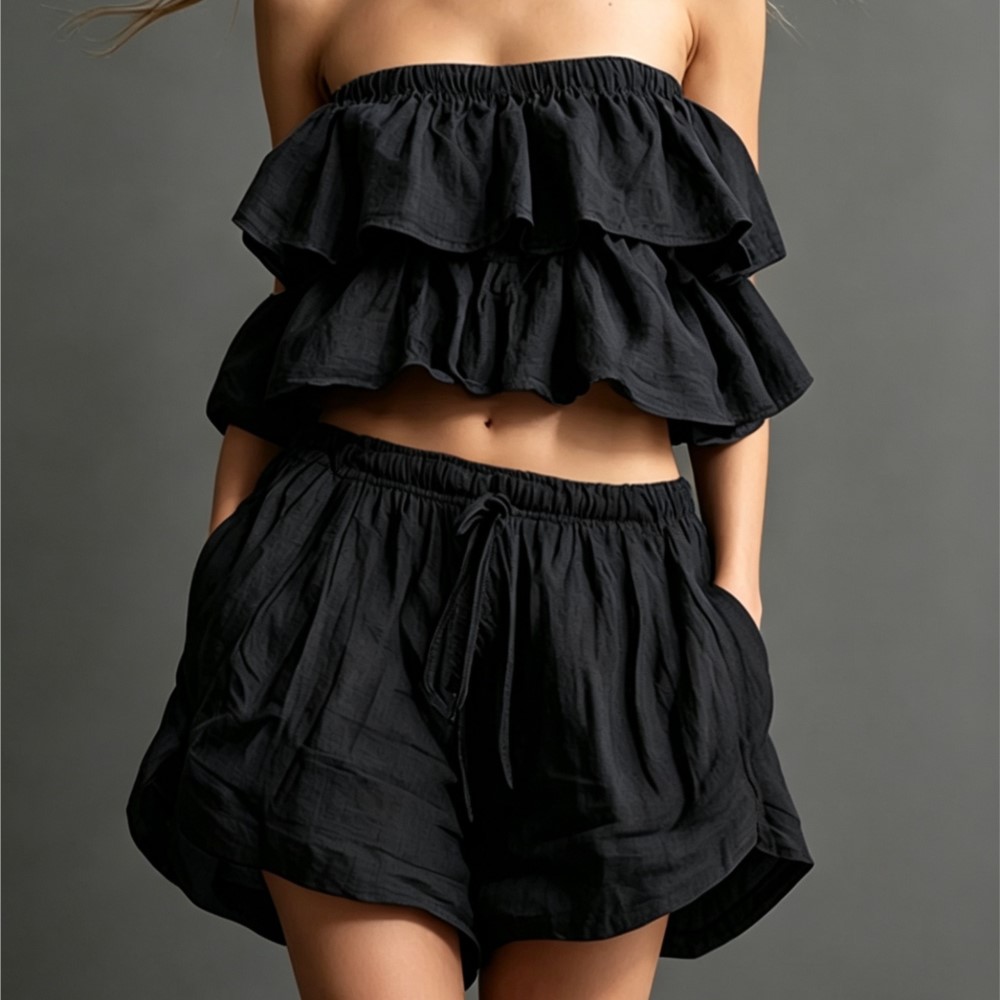Ruffled Chest-wrapped Short To - Short Linen Drawstring บทวิจารณ์และราคา
