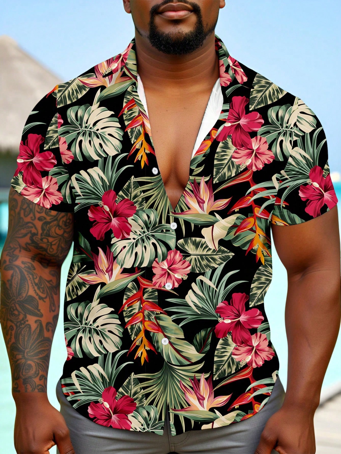 Casual Hawaiian Shirt Men Trop - Resort Shirt Floral บทวิจารณ์และราคา