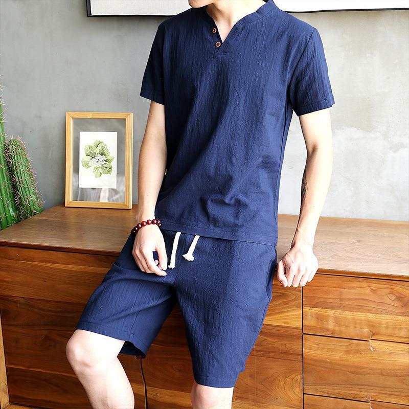 Men's Cotton Linen Set T-shirt - Linen Shirt Breathable บทวิจารณ์และราคา