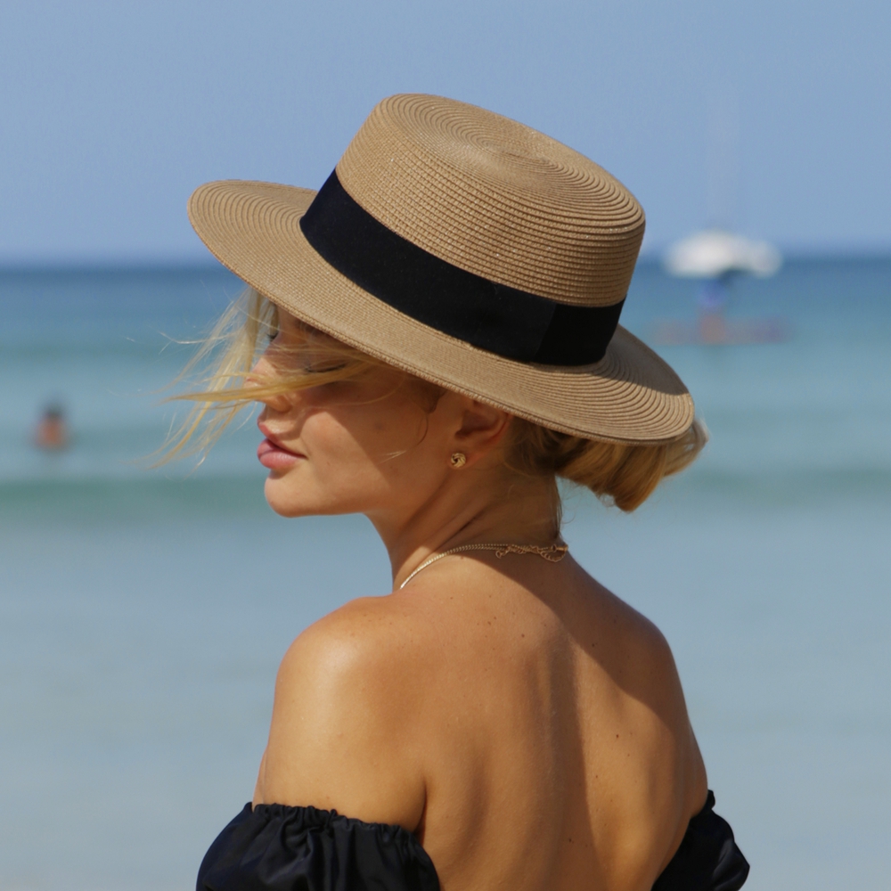 Unisex Flat Top Boater Sun Hat - Bucket Hat Straw บทวิจารณ์และราคา