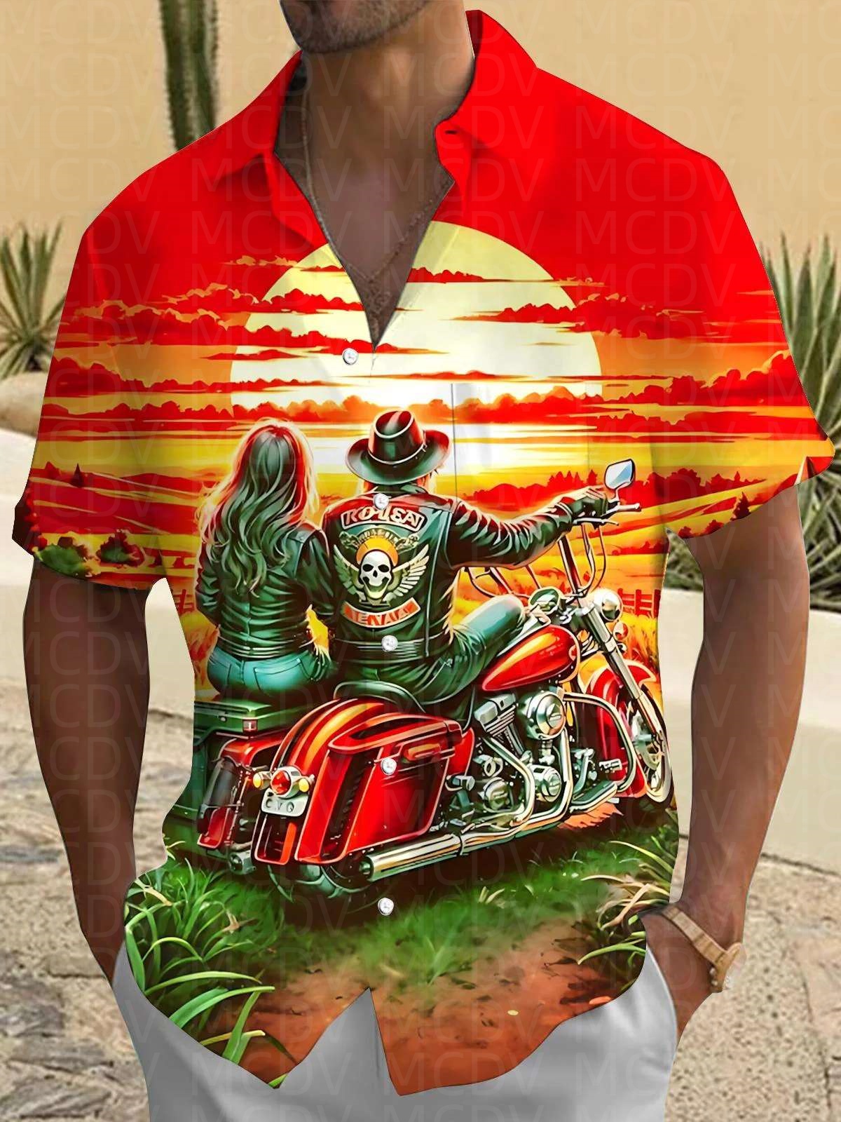 Motorcycle Pattern Men's Hawai - Shirt Camp Collar บทวิจารณ์และราคา