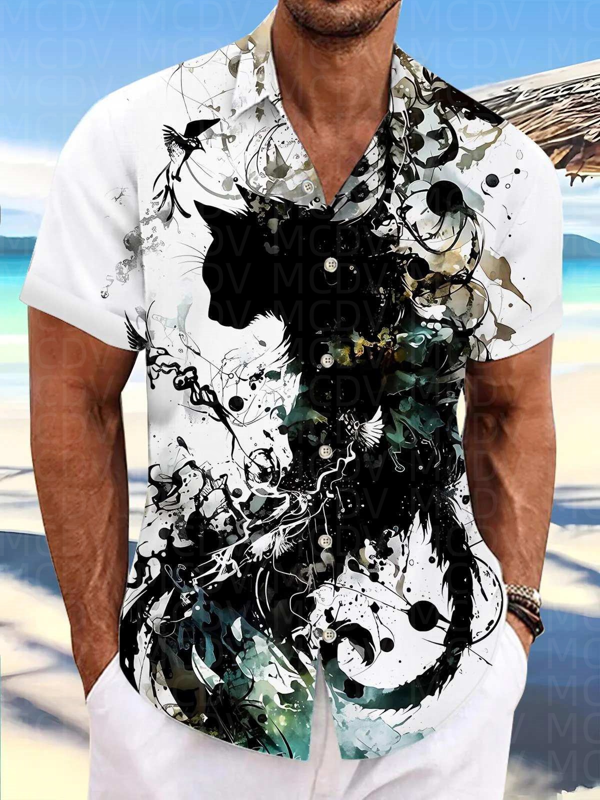 Motorcycle Pattern Men's Hawai - Shirt Camp Collar บทวิจารณ์และราคา