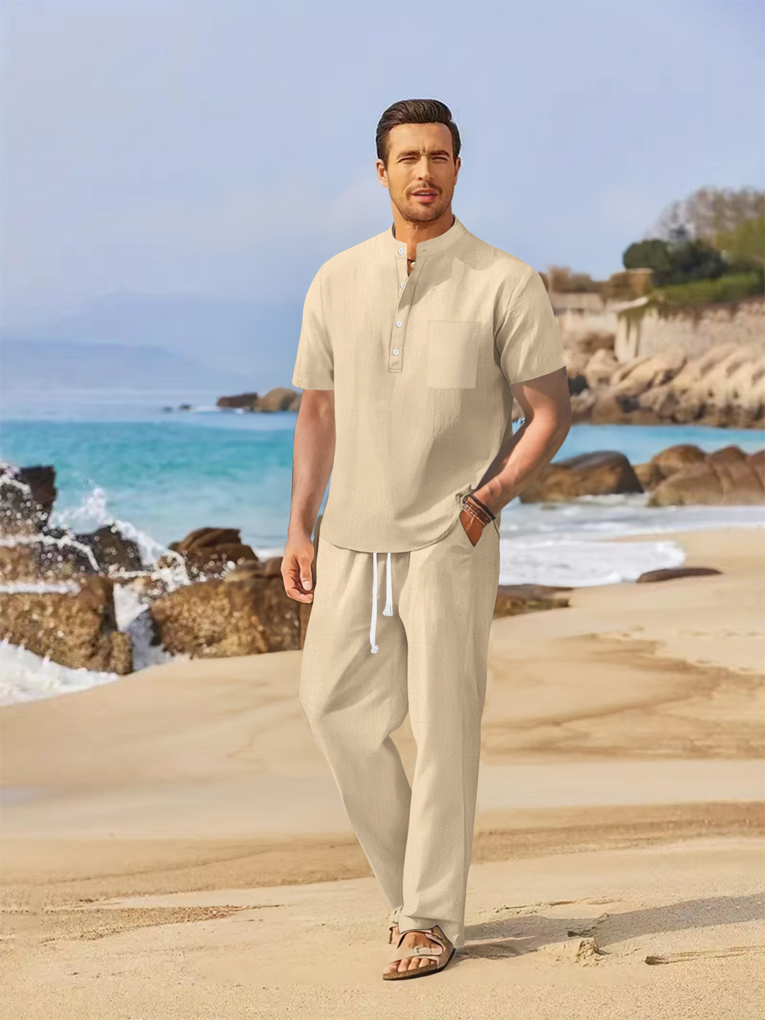 Summer men's cotton and linen  - Short Linen Drawstring บทวิจารณ์และราคา