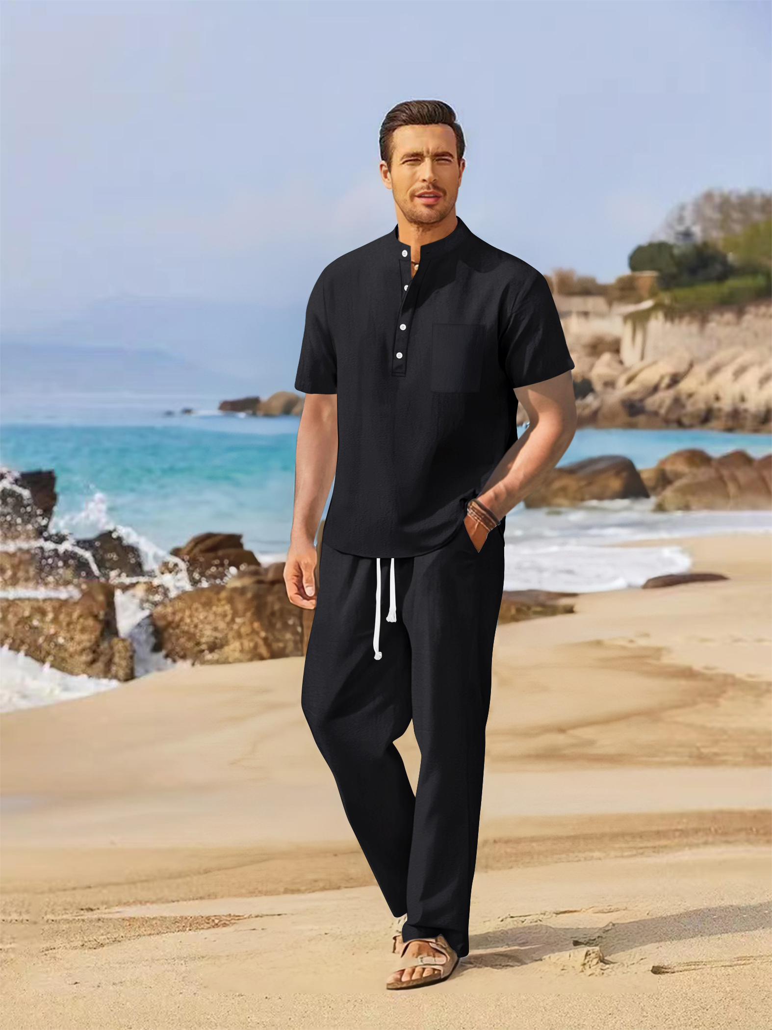 Summer men's cotton and linen  - Short Linen Drawstring บทวิจารณ์และราคา
