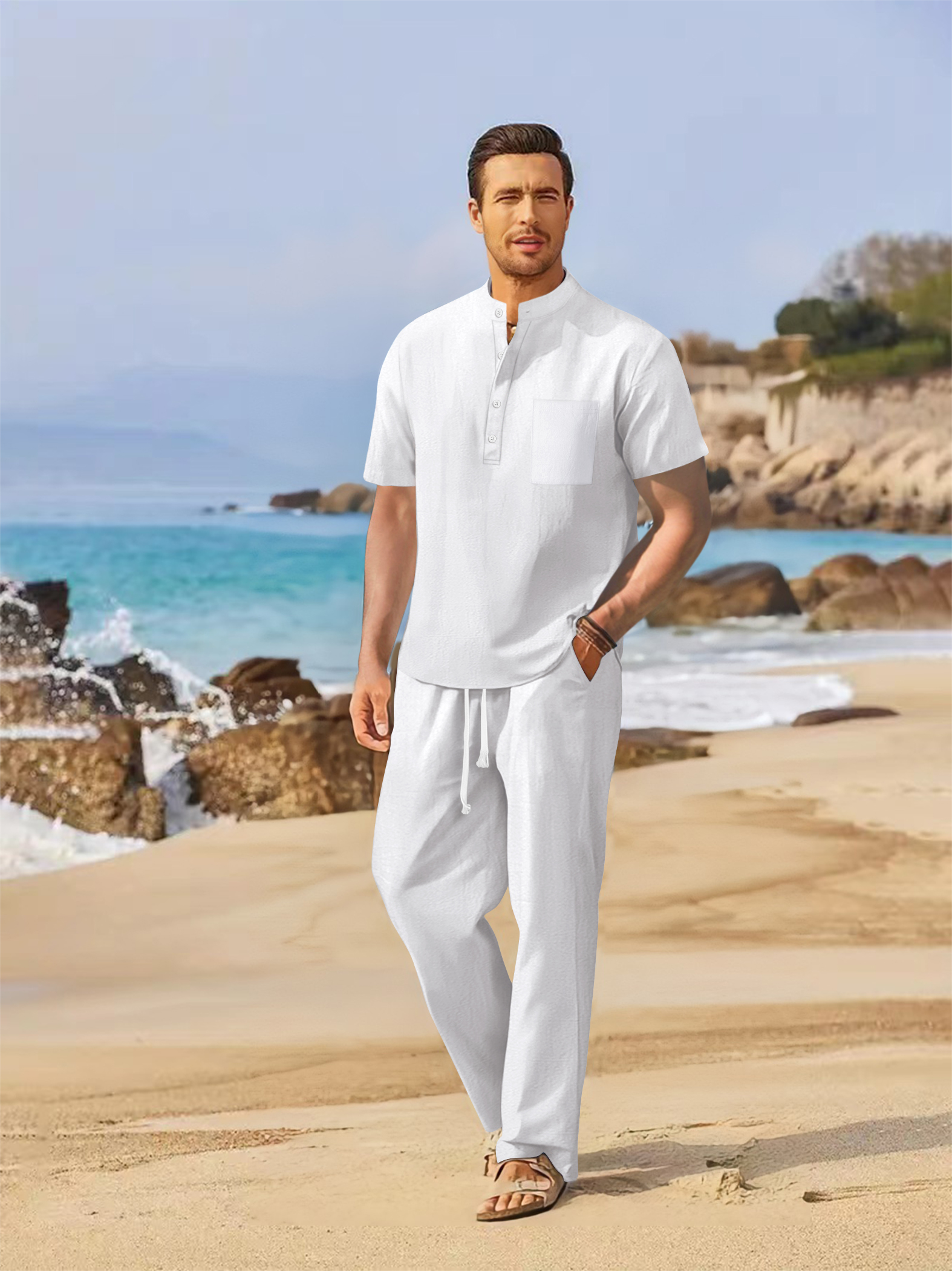 Summer men's cotton and linen  - Short Linen Drawstring บทวิจารณ์และราคา