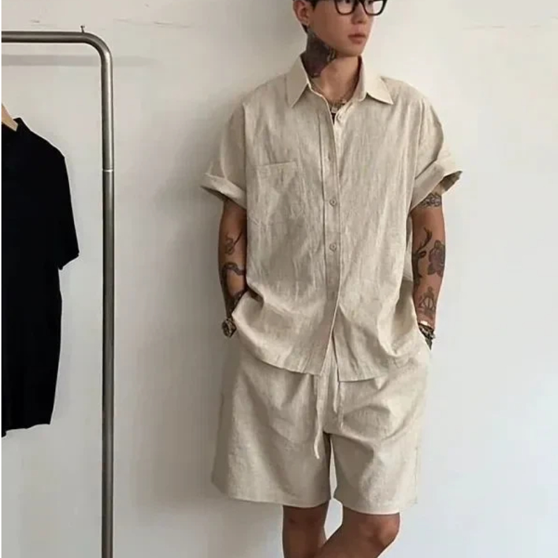 Mens Linen Cotton 2 Piece Set  - Linen Shirt Breathable บทวิจารณ์และราคา