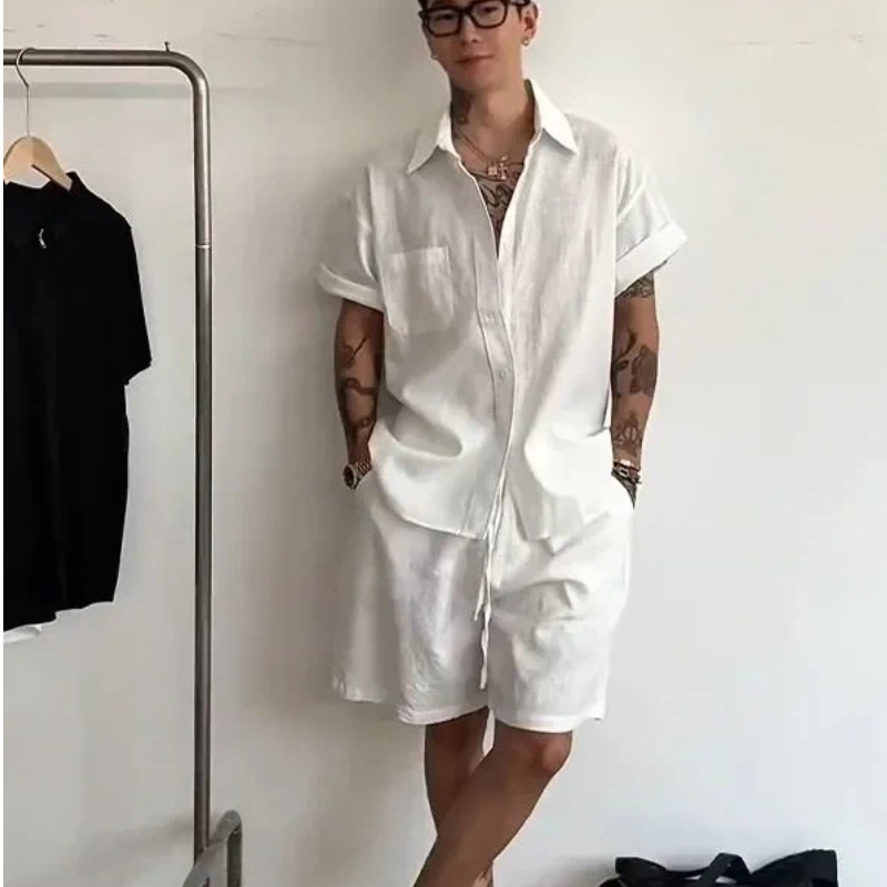 Mens Linen Cotton 2 Piece Set  - Linen Shirt Breathable บทวิจารณ์และราคา