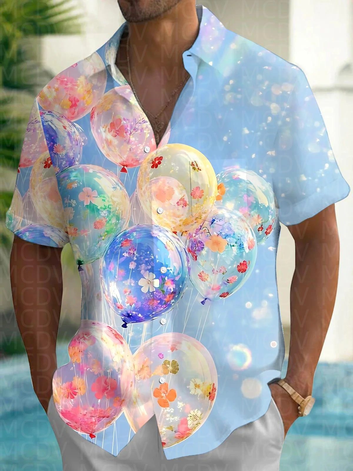 Balloon Pattern Men's Hawaiian - Shirt Camp Collar บทวิจารณ์และราคา