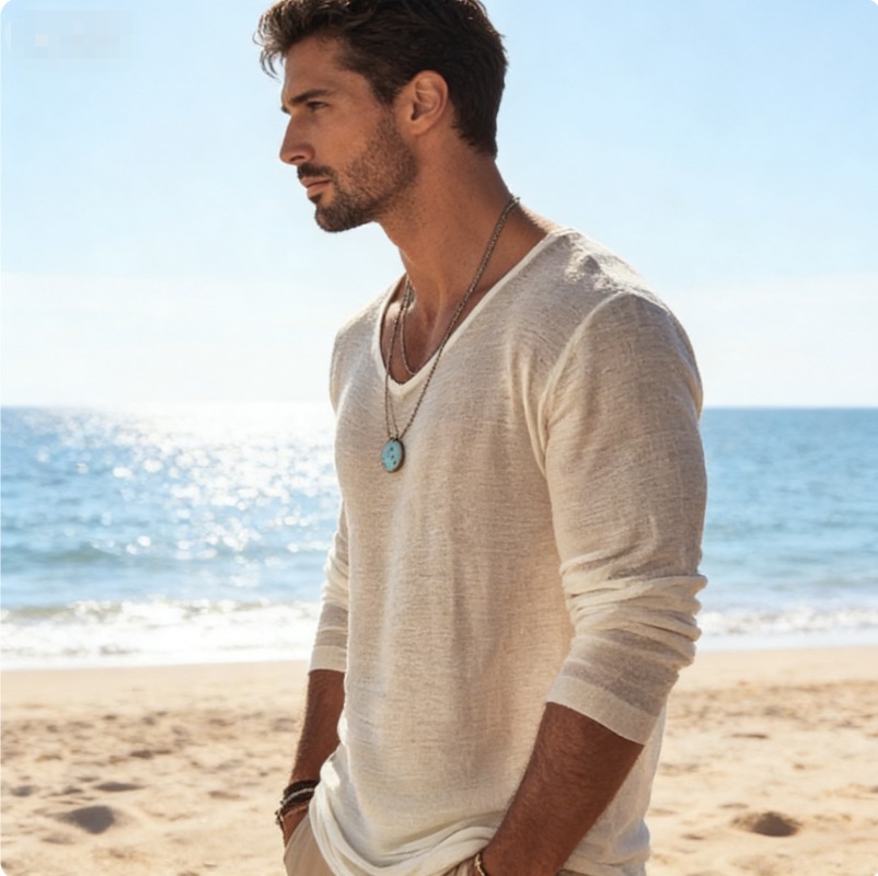 Men's Casual V-Neck Linen Blen - Linen Shirt Breathable บทวิจารณ์และราคา