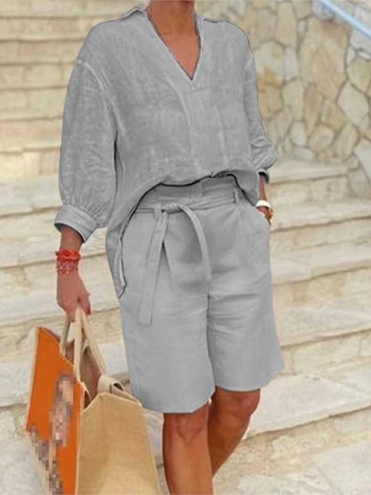 Women Suits Elegant Style Two  - Linen Shirt Breathable บทวิจารณ์และราคา