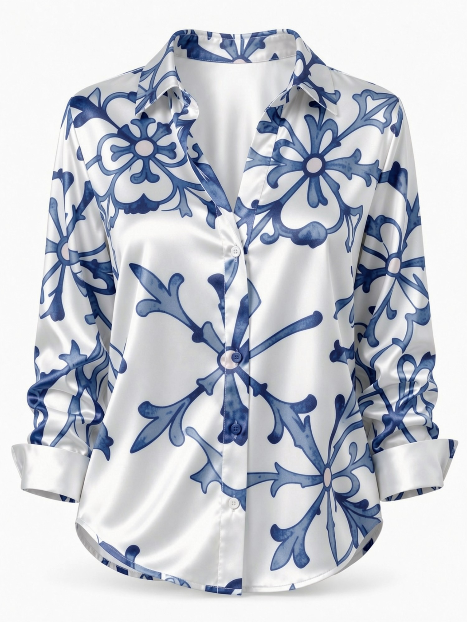 Blue Porcelain Floral Satin Bl - Resort Shirt Floral บทวิจารณ์และราคา