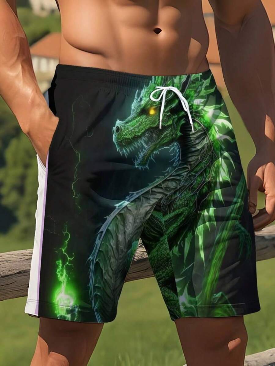 Mens Dragon Print Drawstring W - Swim Trunk Quick Dry บทวิจารณ์และราคา