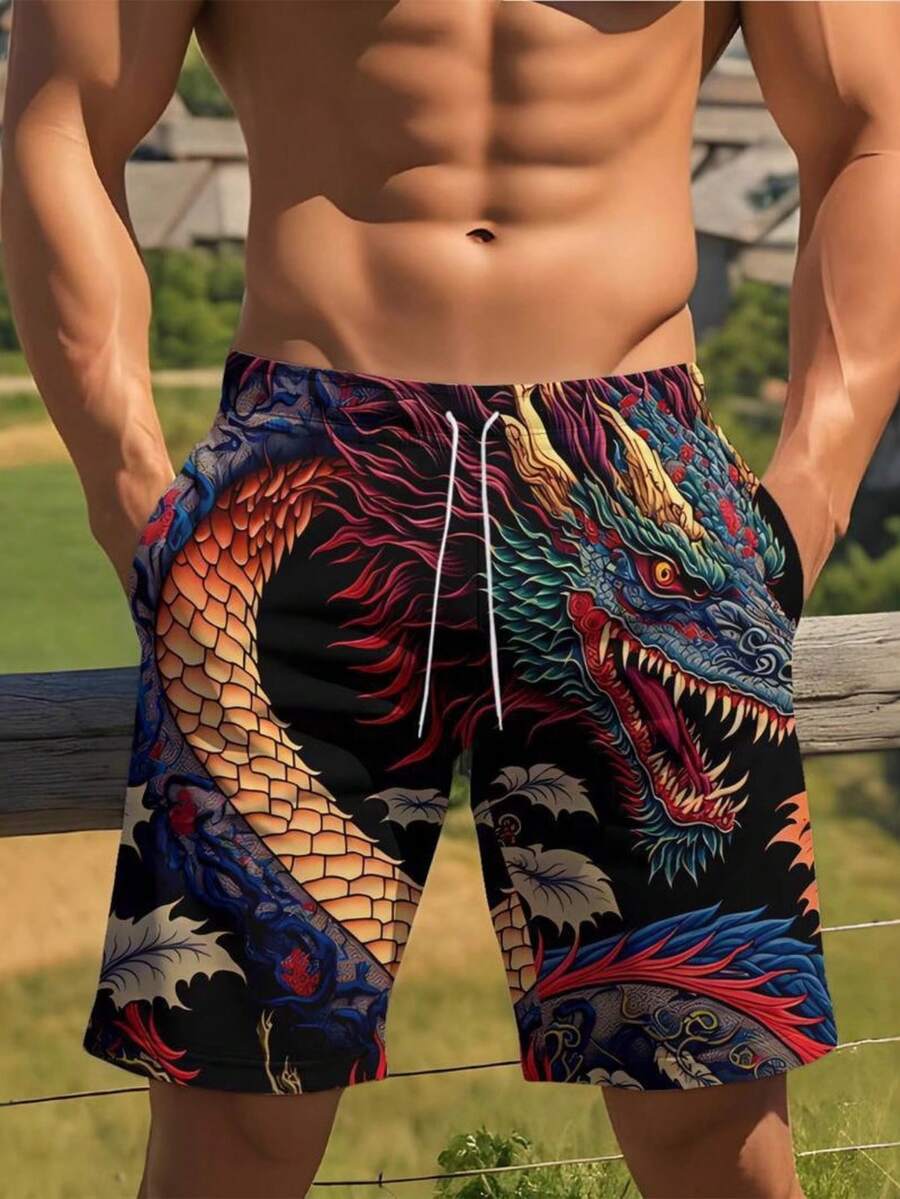Mens Dragon Print Drawstring W - Swim Trunk Quick Dry บทวิจารณ์และราคา