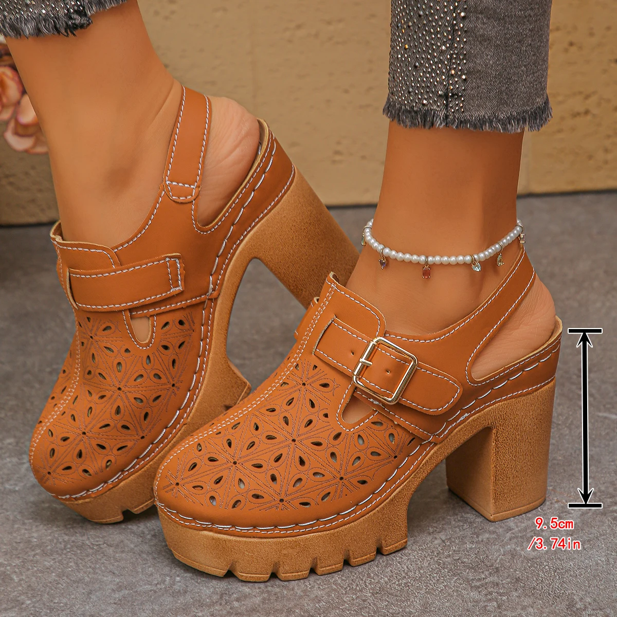 Large Size Women's Thick Heel  - Casual Sandal Leather บทวิจารณ์และราคา