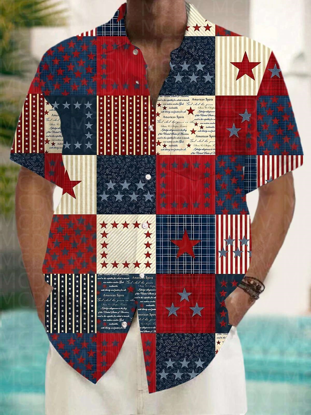 Flag Pattern Style Men's Hawai - Shirt Camp Collar บทวิจารณ์และราคา