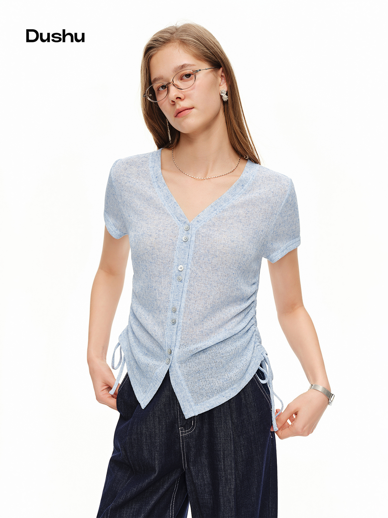 DUSHU Lightweight V-neck Linen - Short Linen Drawstring บทวิจารณ์และราคา