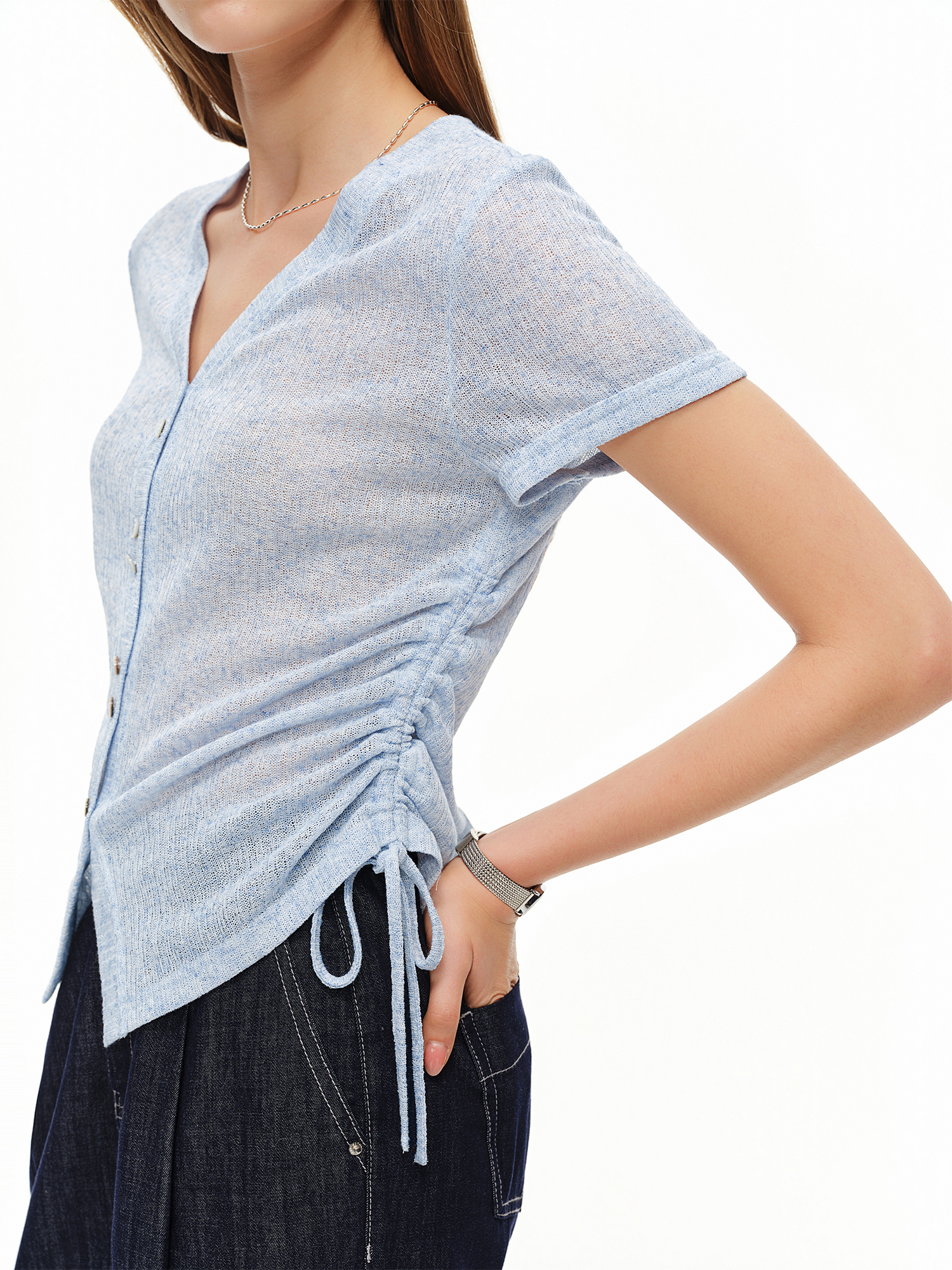 DUSHU Lightweight V-neck Linen - Short Linen Drawstring บทวิจารณ์และราคา