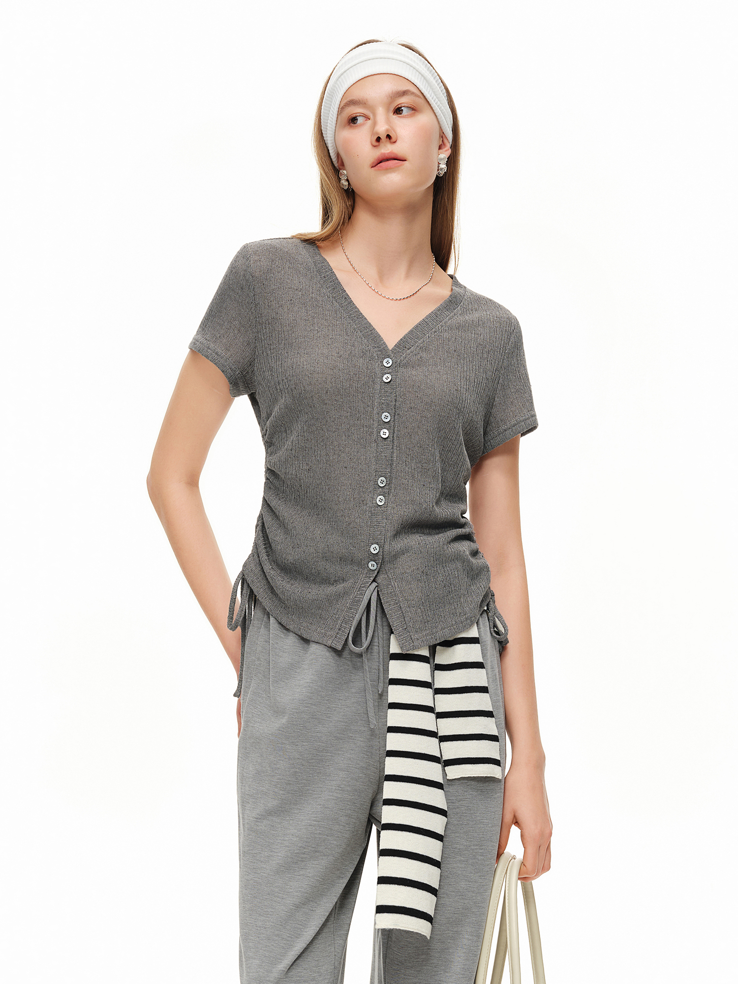 DUSHU Lightweight V-neck Linen - Short Linen Drawstring บทวิจารณ์และราคา