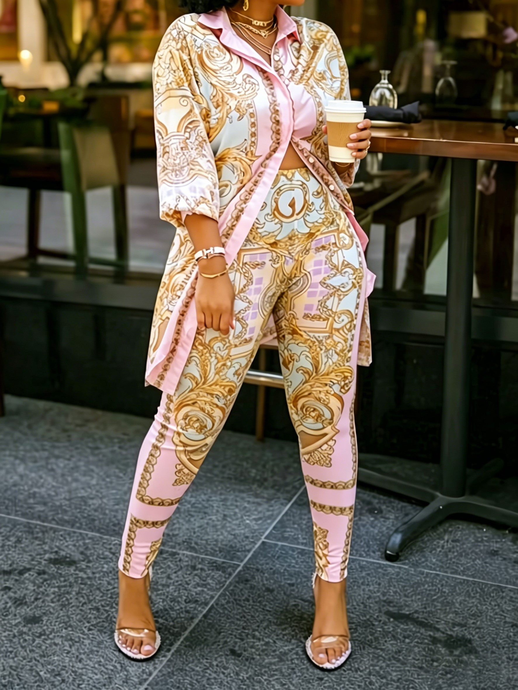 Women 2 Piece Set Ornate Print - Shirt Camp Collar บทวิจารณ์และราคา