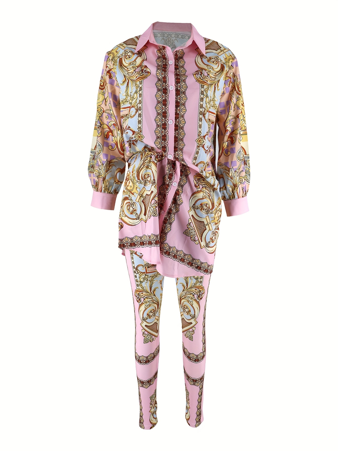 Women 2 Piece Set Ornate Print - Shirt Camp Collar บทวิจารณ์และราคา