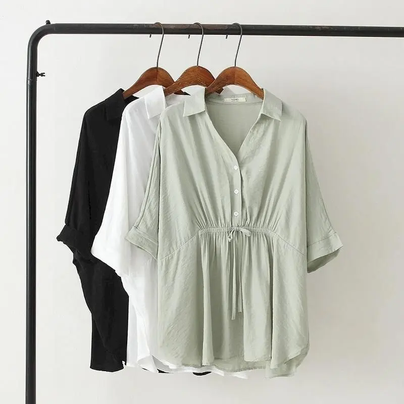 Korean Loose Blouses Women Fas - Short Linen Drawstring บทวิจารณ์และราคา