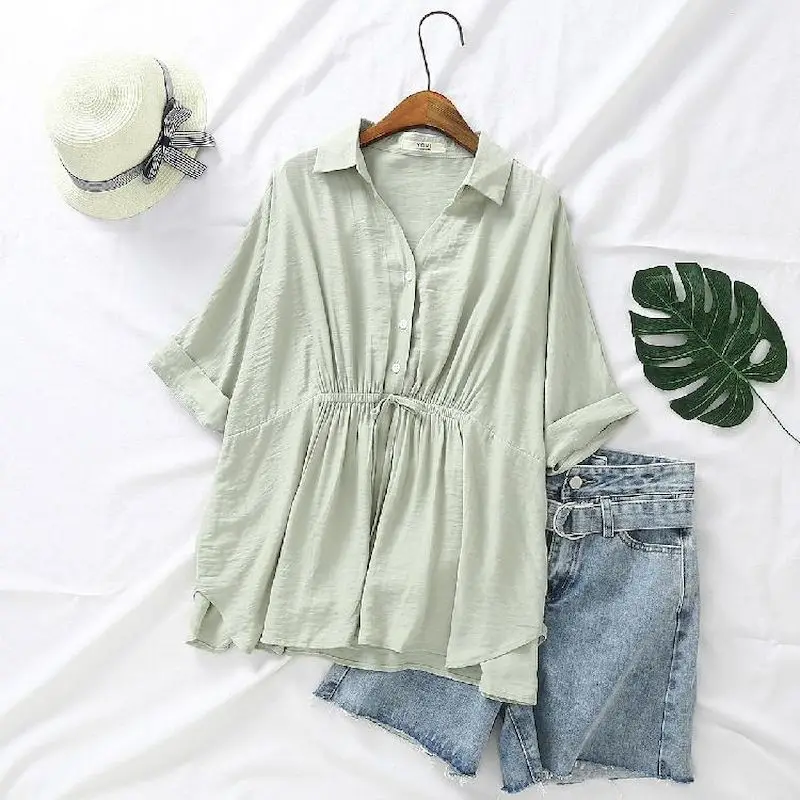 Korean Loose Blouses Women Fas - Short Linen Drawstring บทวิจารณ์และราคา