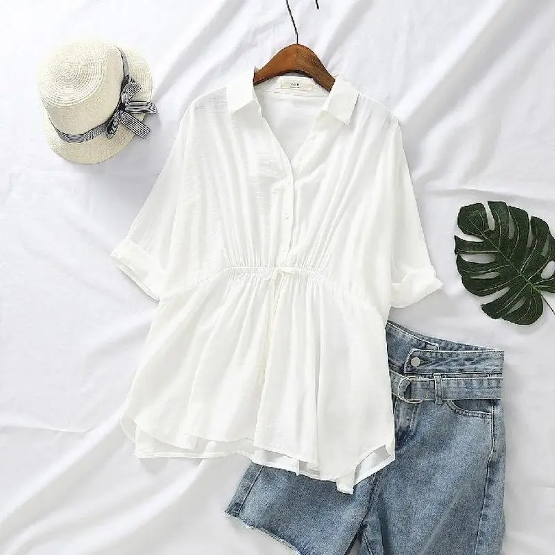 Korean Loose Blouses Women Fas - Short Linen Drawstring บทวิจารณ์และราคา