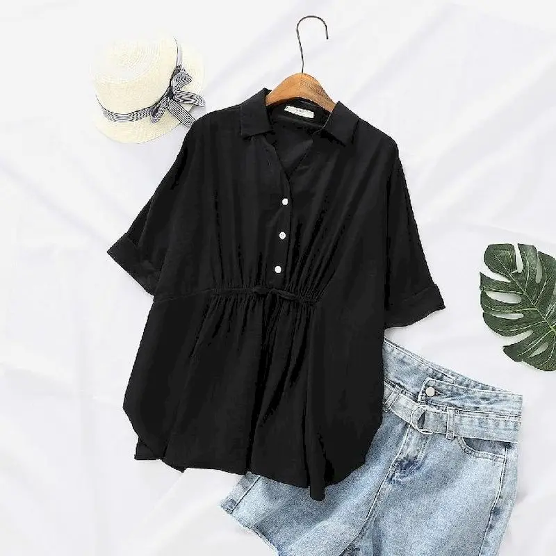 Korean Loose Blouses Women Fas - Short Linen Drawstring บทวิจารณ์และราคา